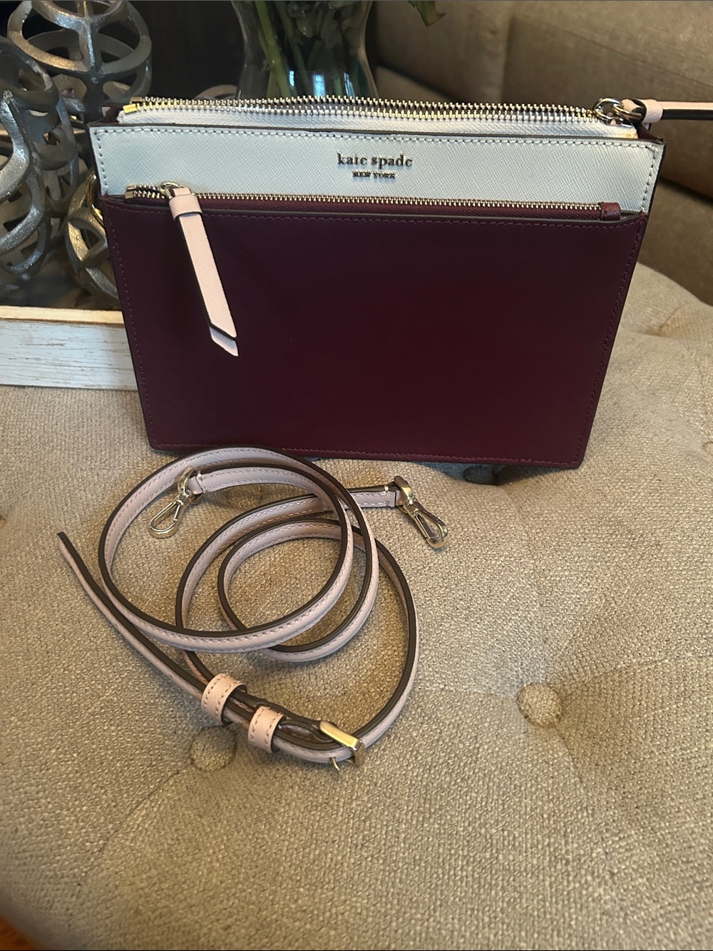 kate spade burgundy and light pink dual-compartment crossbody